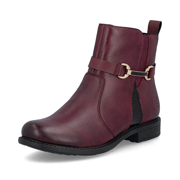 Rieker 74856-35 women's wide bordeaux leather side zip ankle boots, front three-quarter view.