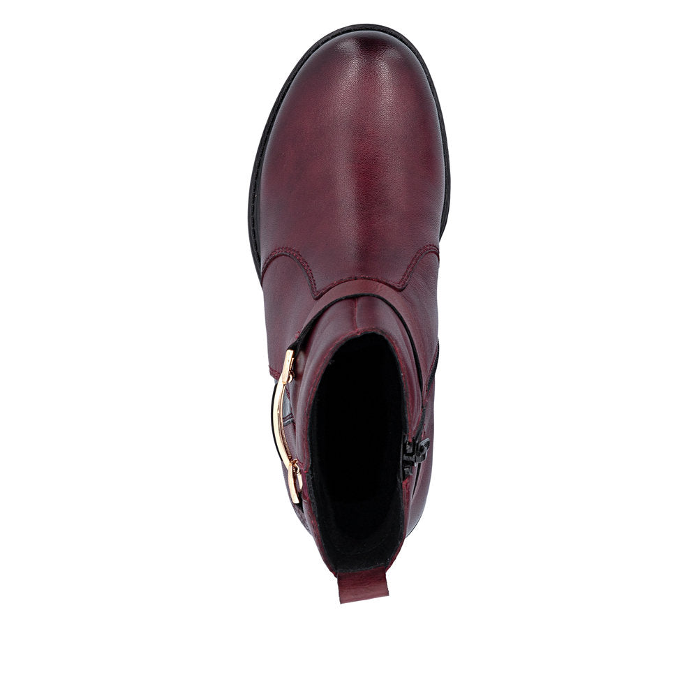 Rieker 74856-35 women's wide bordeaux leather side zip ankle boots, top view.