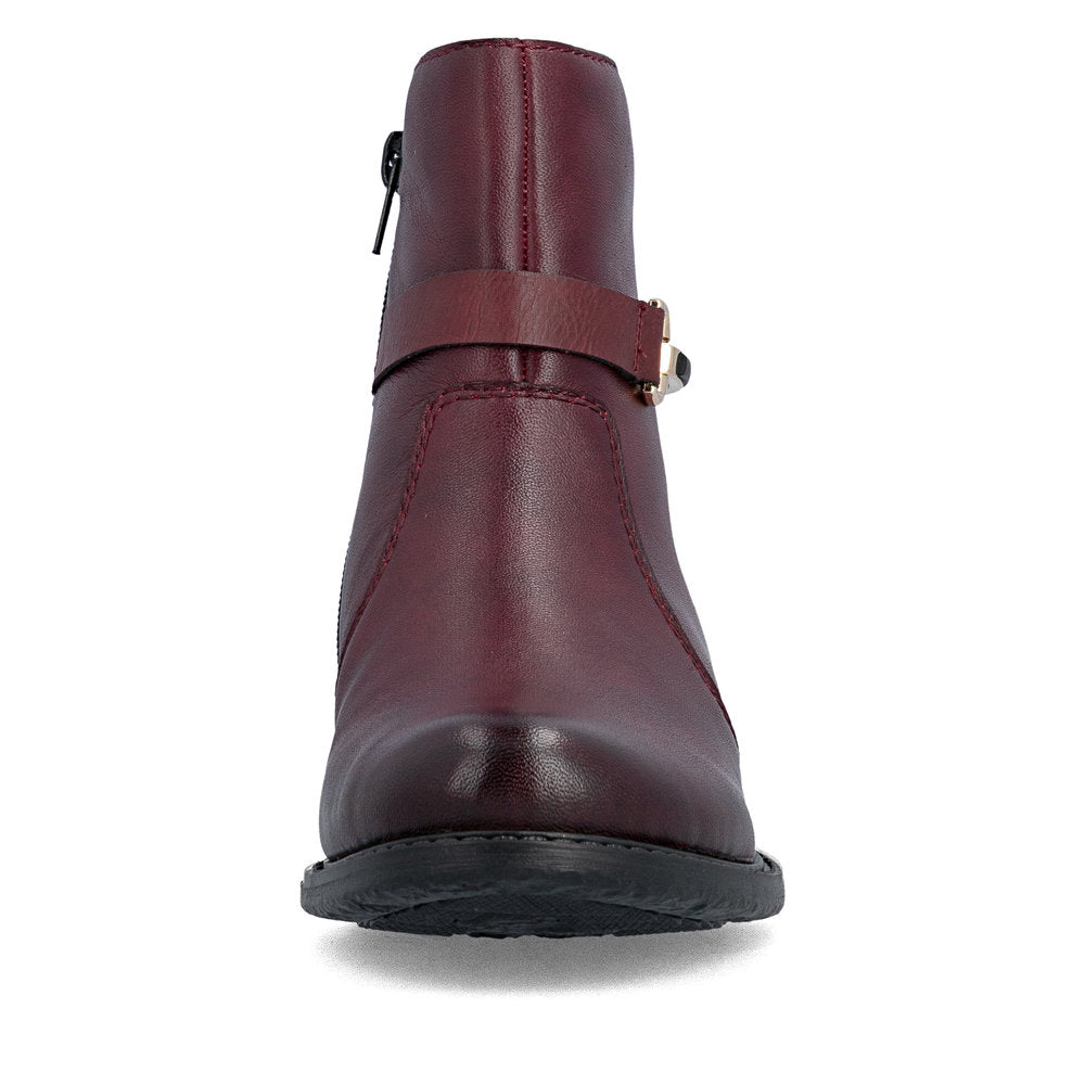 Rieker 74856-35 women's wide bordeaux leather side zip ankle boots, front view.