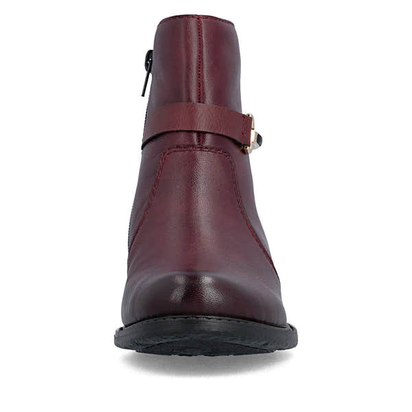 Rieker 74856-35 women's wide bordeaux leather side zip ankle boots, front view.