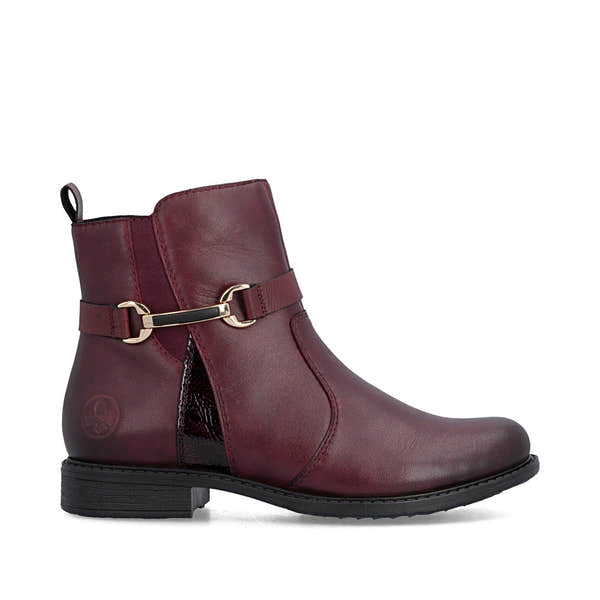 Rieker 74856-35 women's wide bordeaux leather side zip ankle boots, opposite side view.