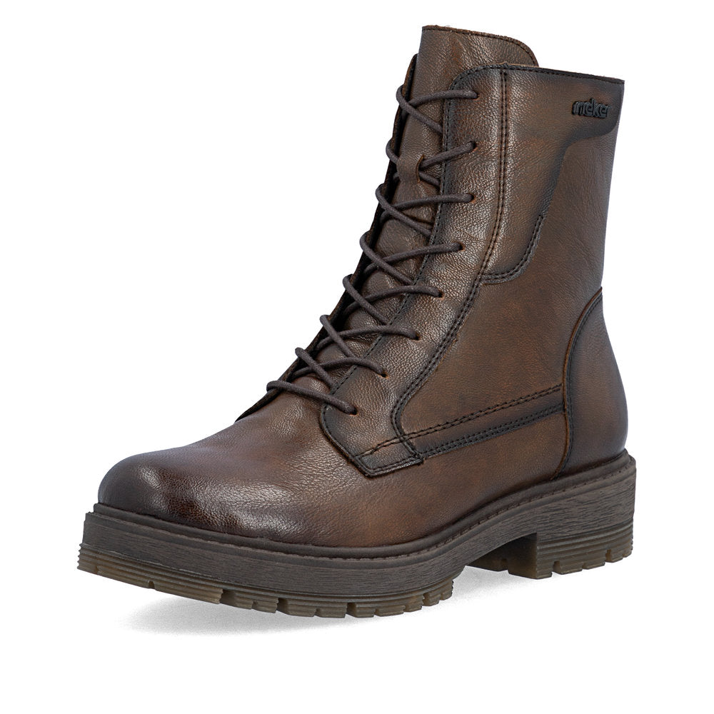 Rieker 75800-25 women's wide brown leather zip & lace ankle boots, front three-quarter view.