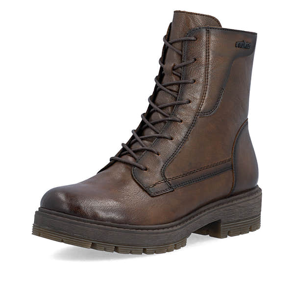 Rieker 75800-25 women's wide brown leather zip & lace ankle boots, front three-quarter view.