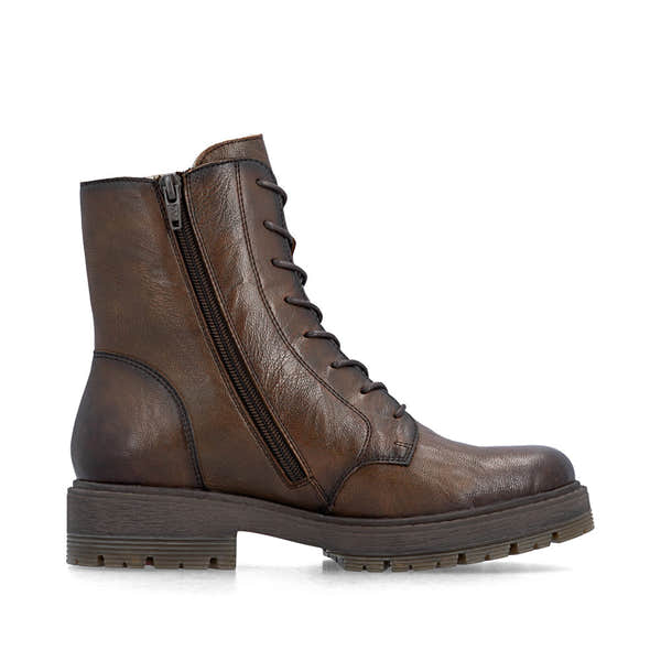 Rieker 75800-25 women's wide brown leather zip & lace ankle boots, outer side view.
