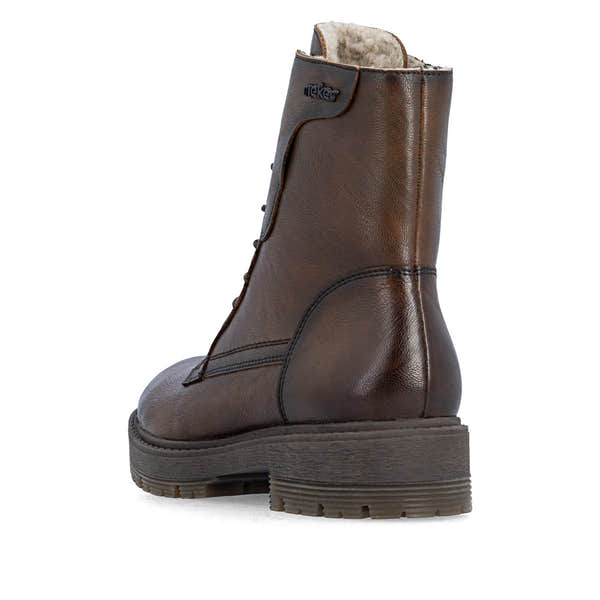 Rieker 75800-25 women's wide brown leather zip & lace ankle boots, rear three-quarter view.