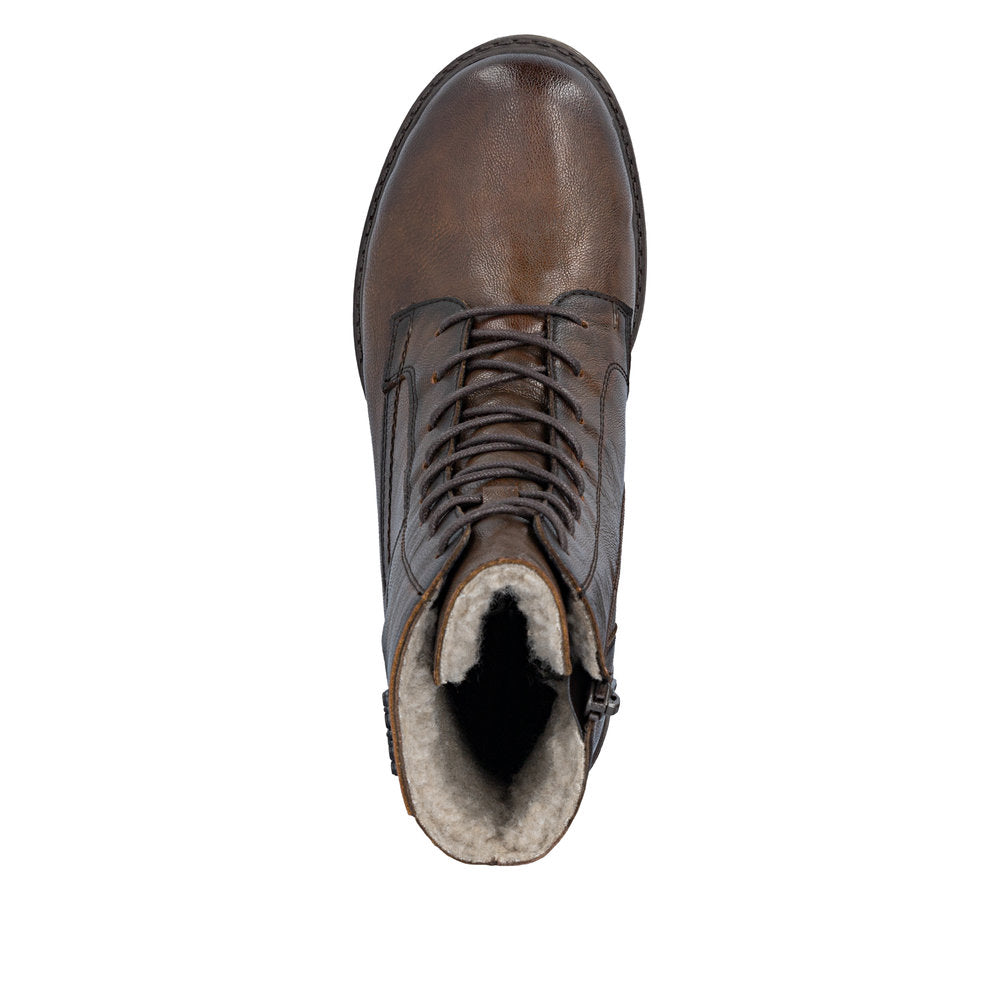 Rieker 75800-25 women's wide brown leather zip & lace ankle boots, top view.