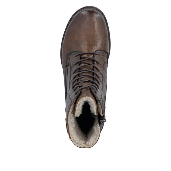 Rieker 75800-25 women's wide brown leather zip & lace ankle boots, top view.