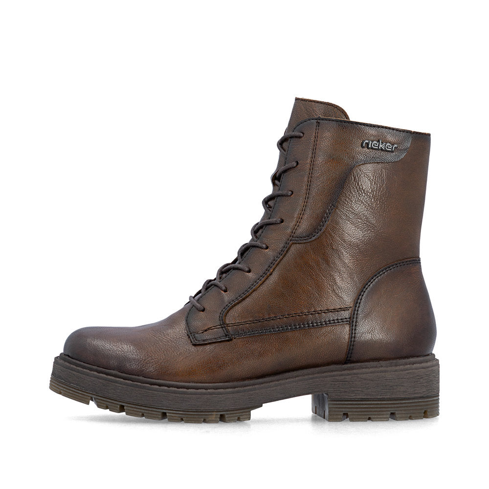 Rieker 75800-25 women's wide brown leather zip & lace ankle boots, inner side view.