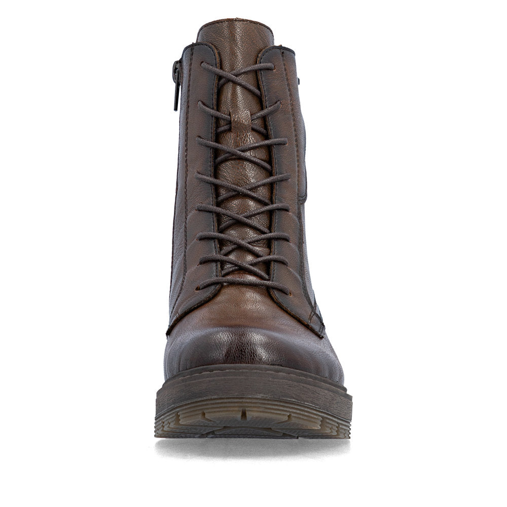 Rieker 75800-25 women's wide brown leather zip & lace ankle boots, front view.