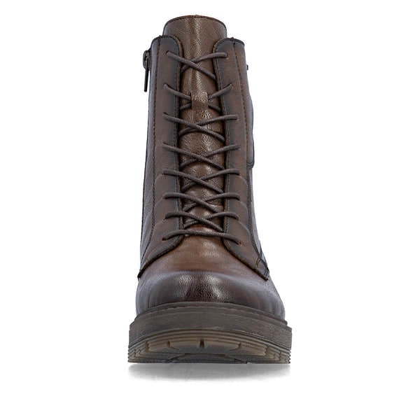 Rieker 75800-25 women's wide brown leather zip & lace ankle boots, front view.