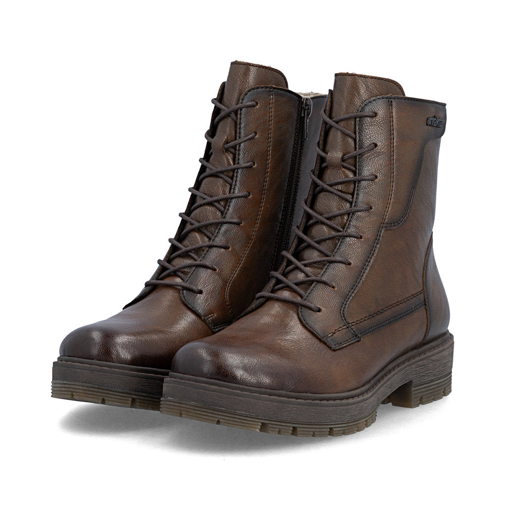 Rieker 75800-25 women's wide brown leather zip & lace ankle boots, paired three-quarter view.