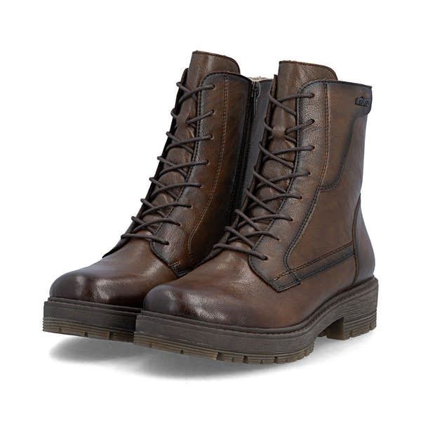 Rieker 75800-25 women's wide brown leather zip & lace ankle boots, paired three-quarter view.