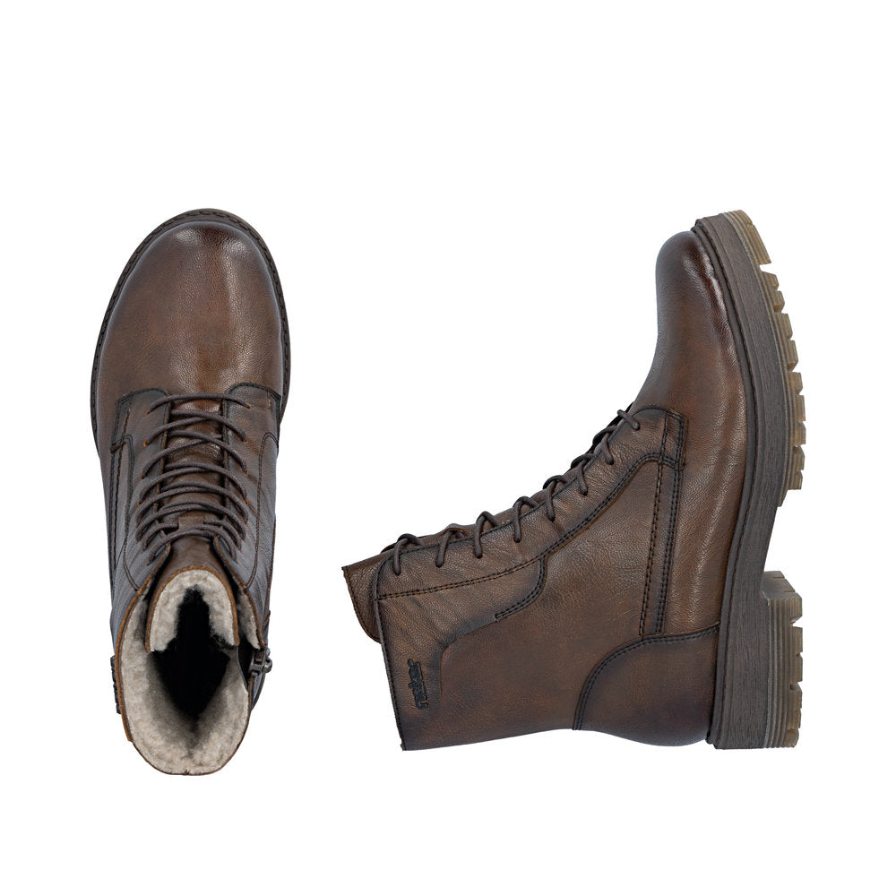 Rieker 75800-25 women's wide brown leather zip & lace ankle boots, two-angle product view.