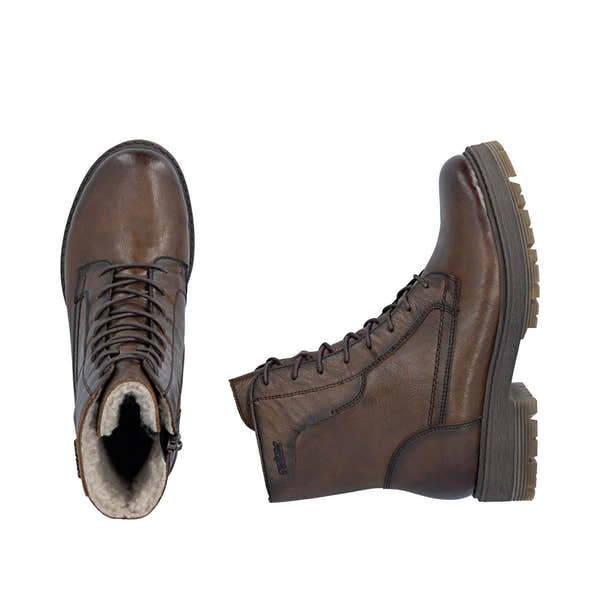 Rieker 75800-25 women's wide brown leather zip & lace ankle boots, two-angle product view.