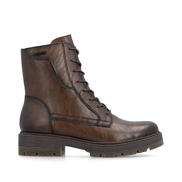 Rieker 75800-25 women's wide brown leather zip & lace ankle boots, opposite side view.
