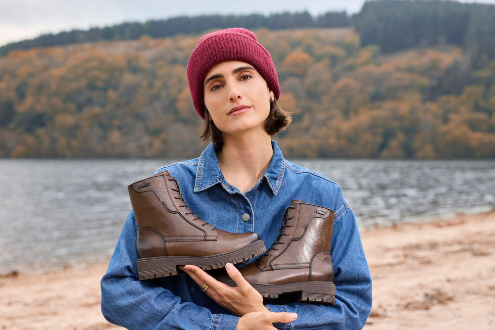 Rieker 75800-25 women's wide brown leather zip & lace ankle boots, lifestyle view 2 of 5.