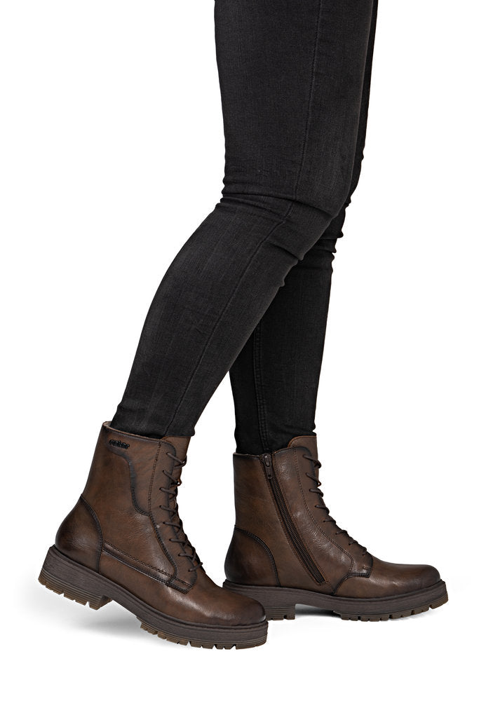 Rieker 75800-25 women's wide brown leather zip & lace ankle boots, on-foot lifestyle view.