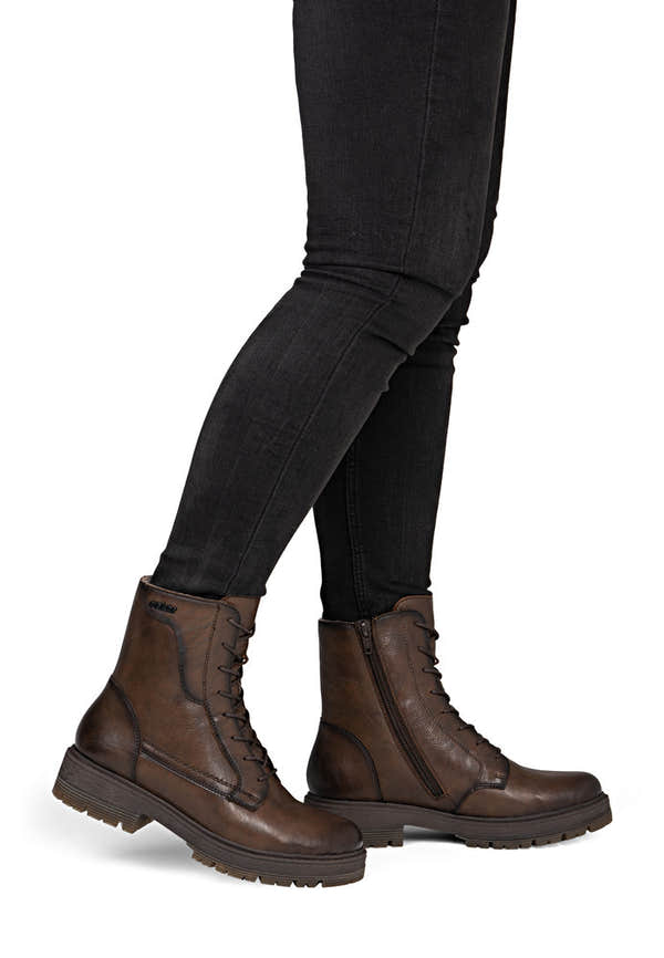 Rieker 75800-25 women's wide brown leather zip & lace ankle boots, on-foot lifestyle view.