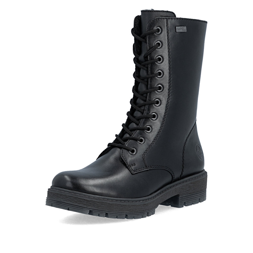 Rieker 75801-00 women's wide black leather water resistant zip & lace ankle boots, front three-quarter view.