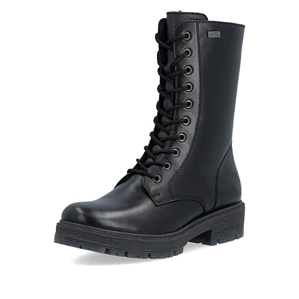 Rieker 75801-00 women's wide black leather water resistant zip & lace ankle boots, front three-quarter view.