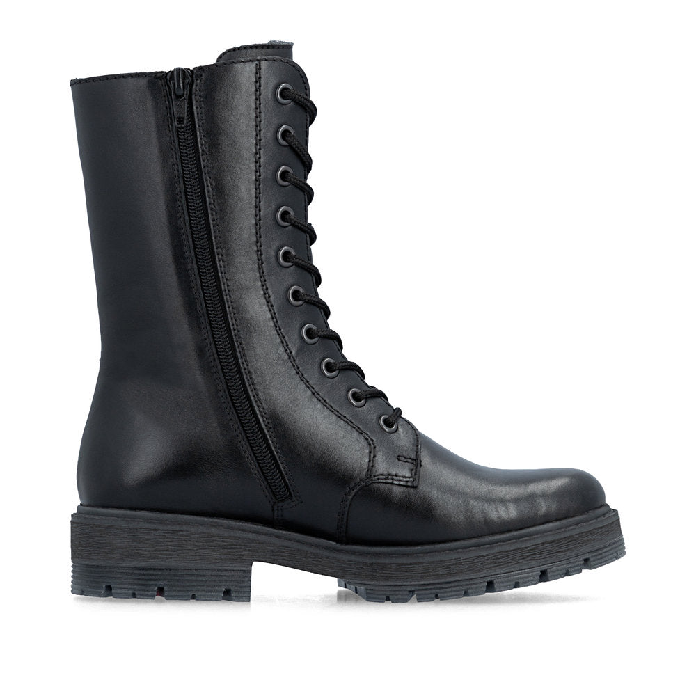 Rieker 75801-00 women's wide black leather water resistant zip & lace ankle boots, outer side view.