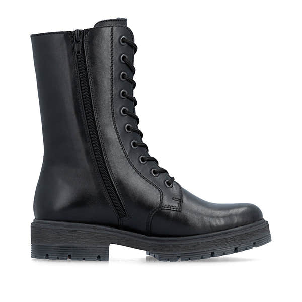 Rieker 75801-00 women's wide black leather water resistant zip & lace ankle boots, outer side view.