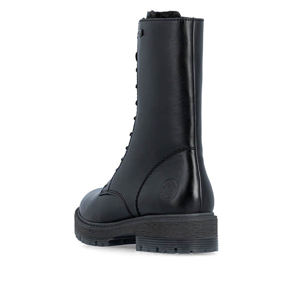 Rieker 75801-00 women's wide black leather water resistant zip & lace ankle boots, rear three-quarter view.