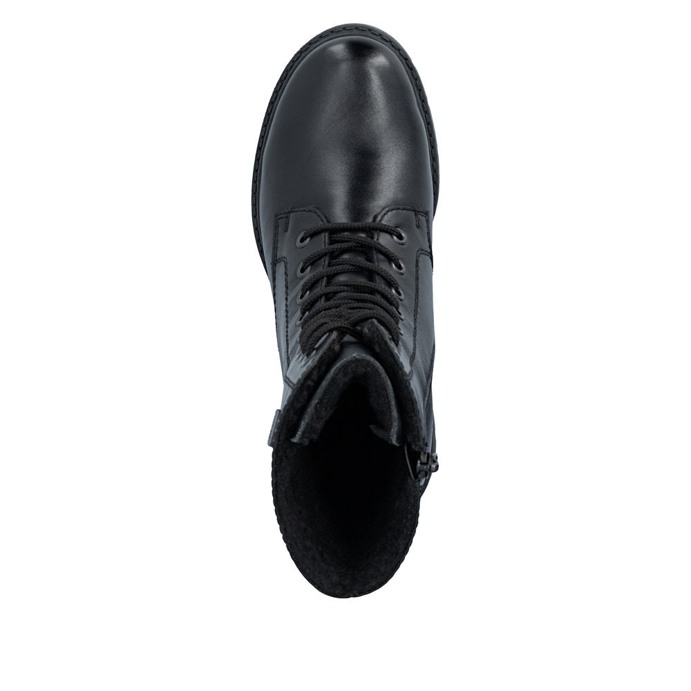 Rieker 75801-00 women's wide black leather water resistant zip & lace ankle boots, top view.