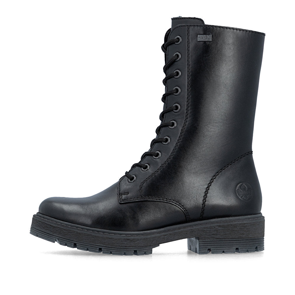 Rieker 75801-00 women's wide black leather water resistant zip & lace ankle boots, inner side view.