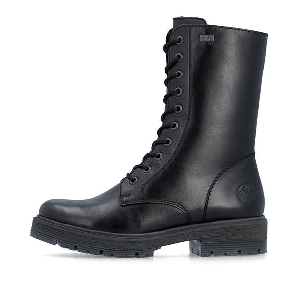 Rieker 75801-00 women's wide black leather water resistant zip & lace ankle boots, inner side view.