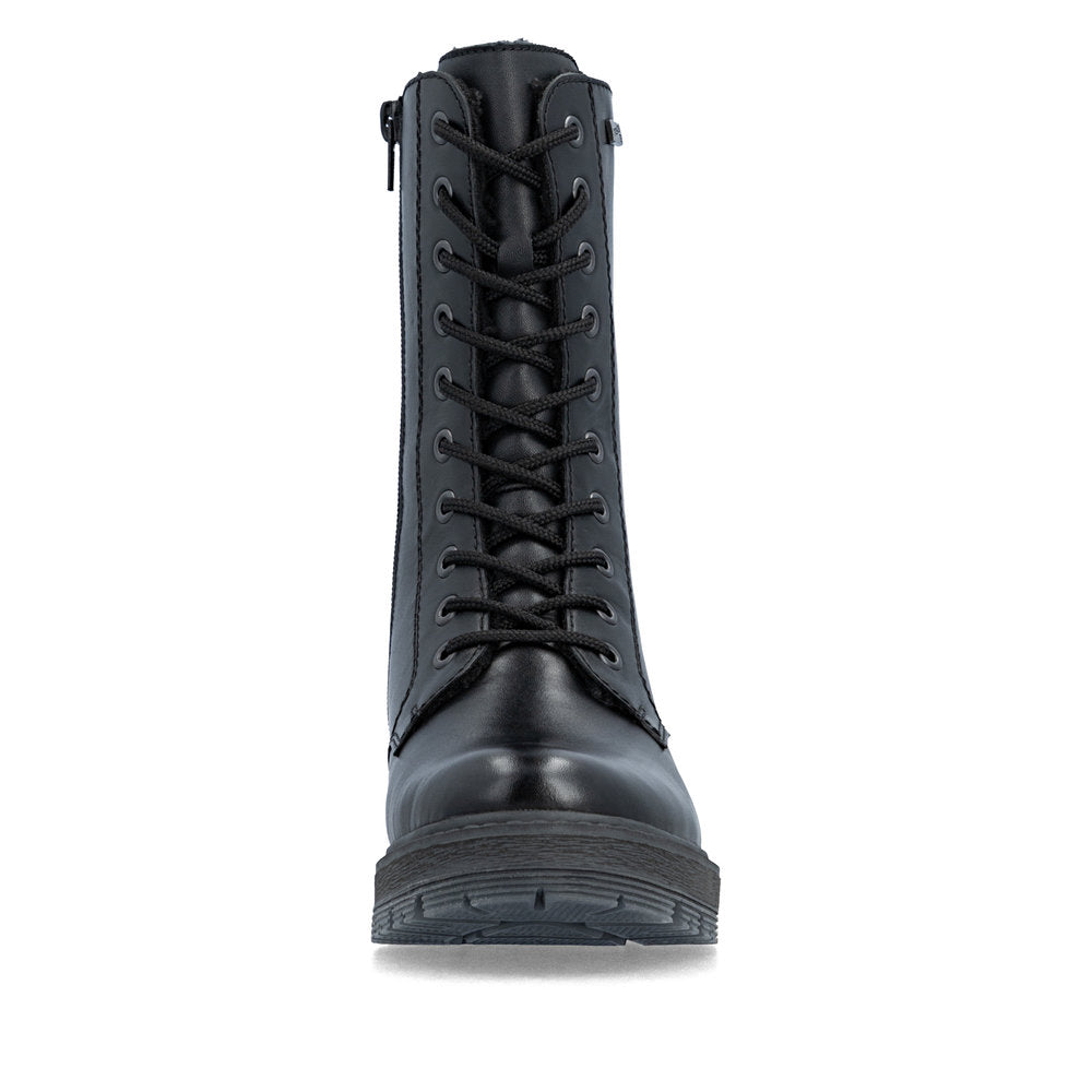 Rieker 75801-00 women's wide black leather water resistant zip & lace ankle boots, front view.