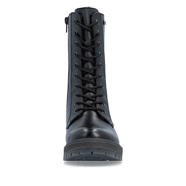 Rieker 75801-00 women's wide black leather water resistant zip & lace ankle boots, front view.