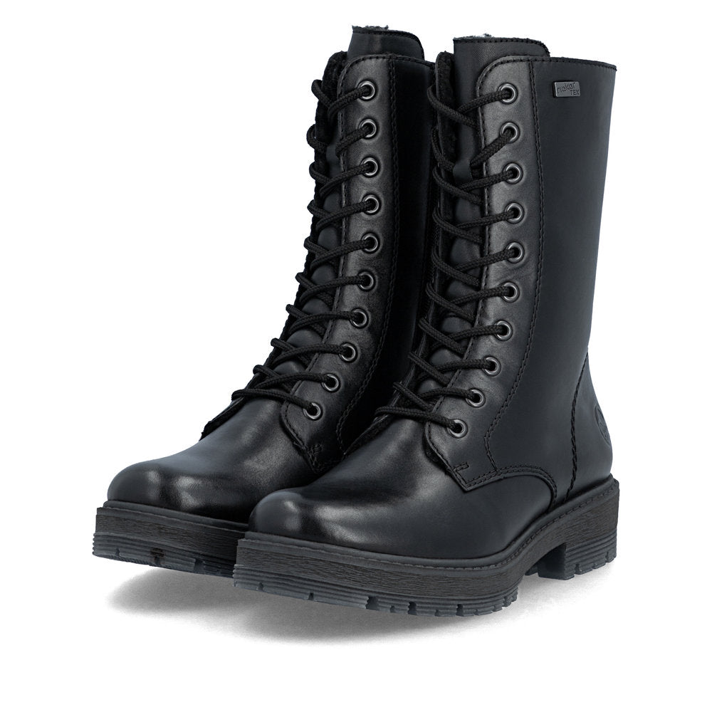 Rieker 75801-00 women's wide black leather water resistant zip & lace ankle boots, paired three-quarter view.
