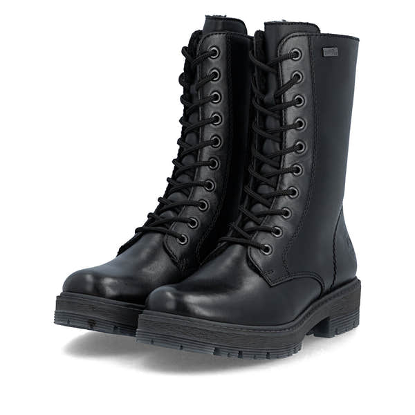 Rieker 75801-00 women's wide black leather water resistant zip & lace ankle boots, paired three-quarter view.