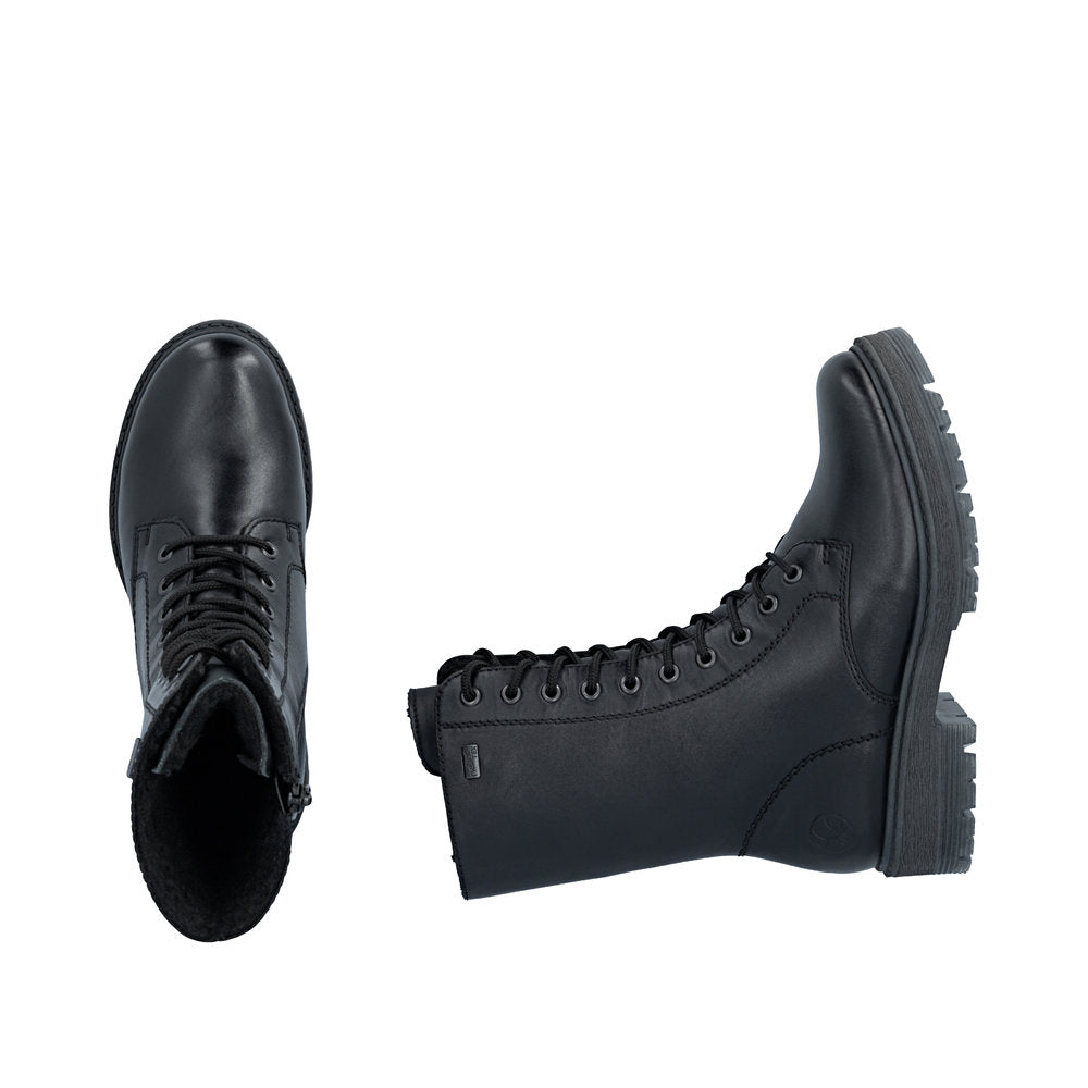 Rieker 75801-00 women's wide black leather water resistant zip & lace ankle boots, two-angle product view.
