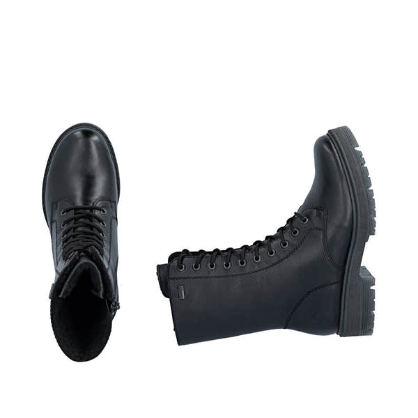 Rieker 75801-00 women's wide black leather water resistant zip & lace ankle boots, two-angle product view.