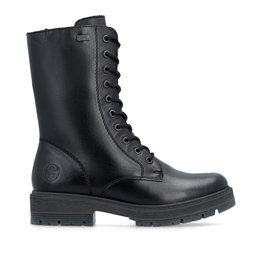 Rieker 75801-00 women's wide black leather water resistant zip & lace ankle boots, opposite side view.