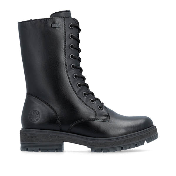 Rieker 75801-00 women's wide black leather water resistant zip & lace ankle boots, opposite side view.