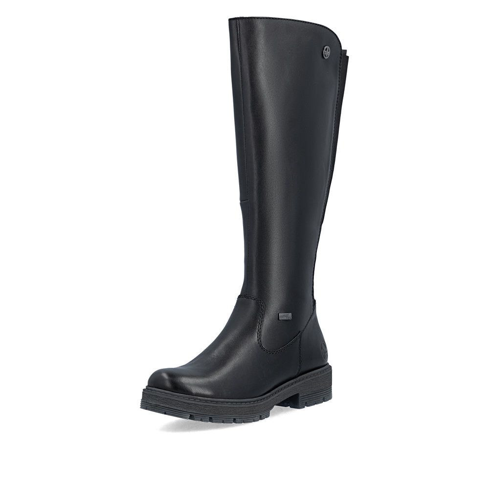 Rieker 75850-00 women's wide black leather water resistant side zip knee high boots, front three-quarter view.