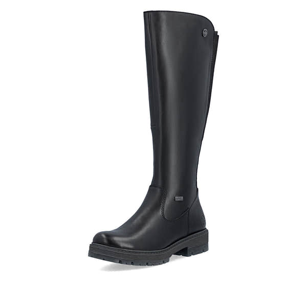 Rieker 75850-00 women's wide black leather water resistant side zip knee high boots, front three-quarter view.