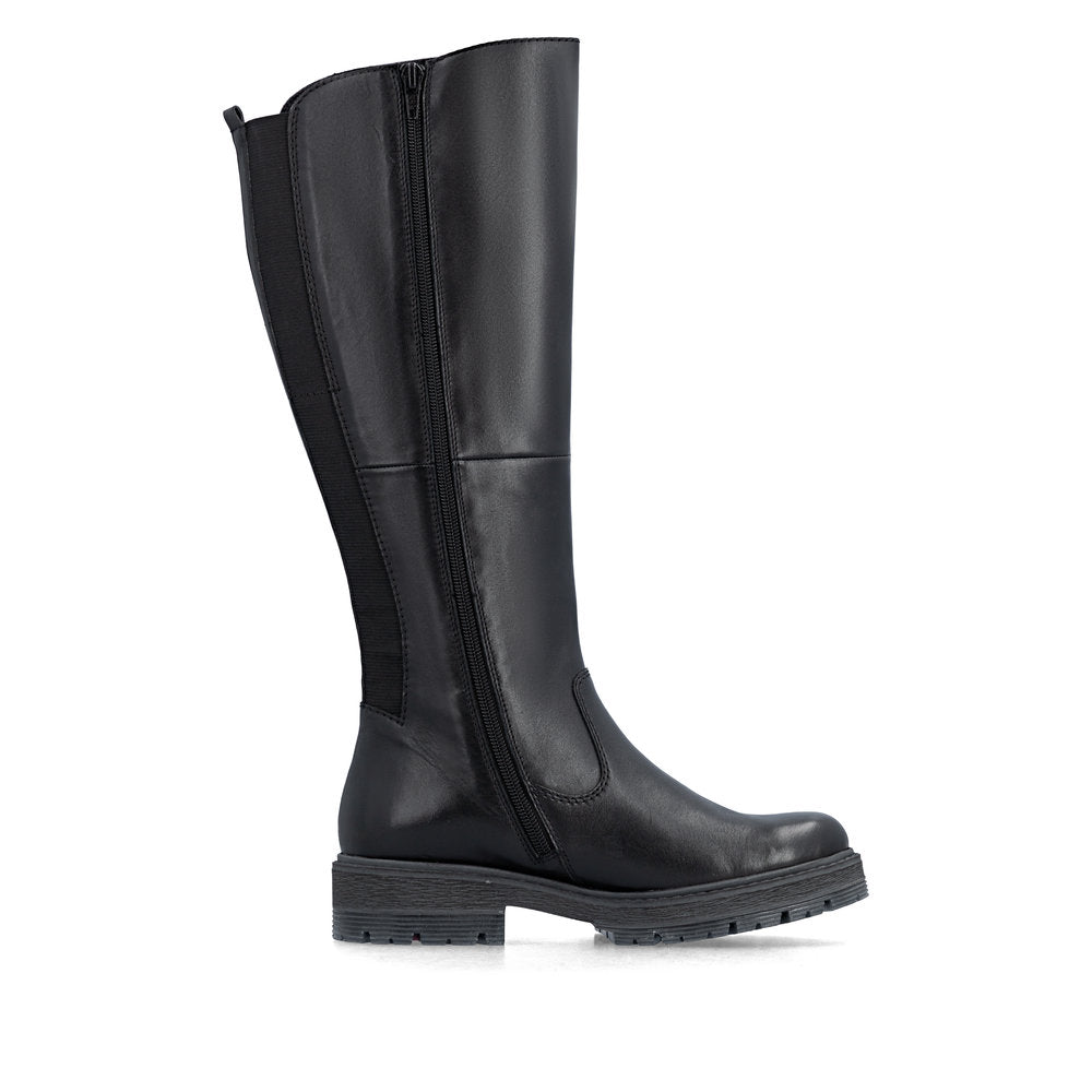 Rieker 75850-00 women's wide black leather water resistant side zip knee high boots, outer side view.