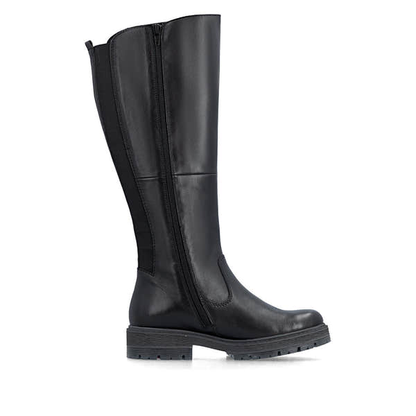 Rieker 75850-00 women's wide black leather water resistant side zip knee high boots, outer side view.