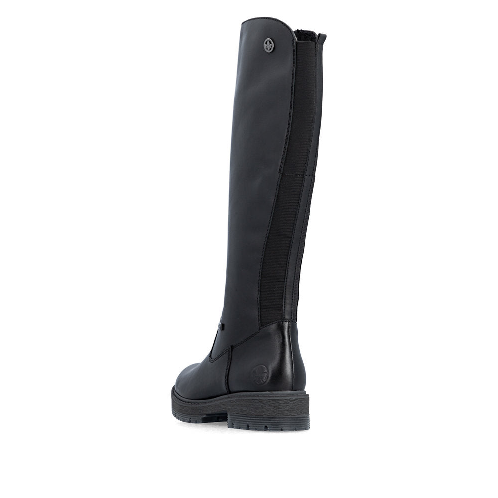 Rieker 75850-00 women's wide black leather water resistant side zip knee high boots, rear three-quarter view.