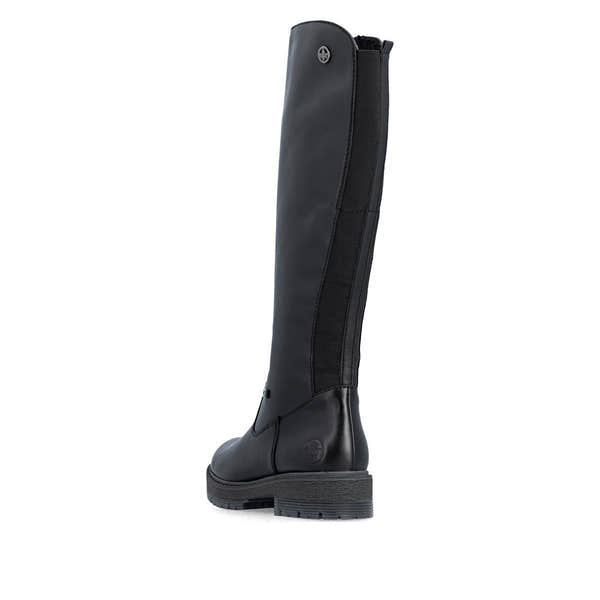 Rieker 75850-00 women's wide black leather water resistant side zip knee high boots, rear three-quarter view.