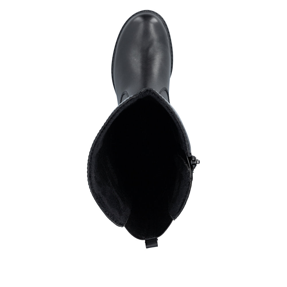 Rieker 75850-00 women's wide black leather water resistant side zip knee high boots, top view.