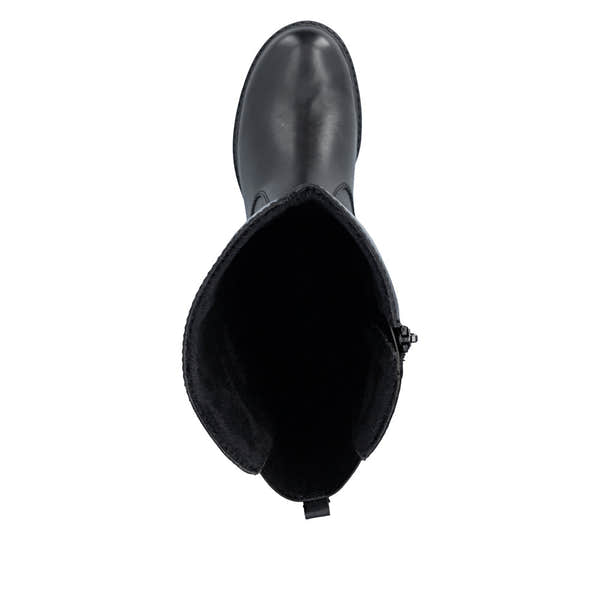 Rieker 75850-00 women's wide black leather water resistant side zip knee high boots, top view.