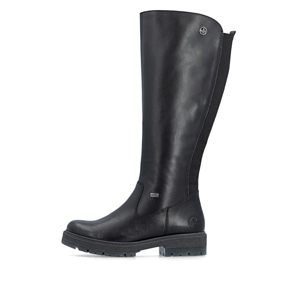 Rieker 75850-00 women's wide black leather water resistant side zip knee high boots, inner side view.