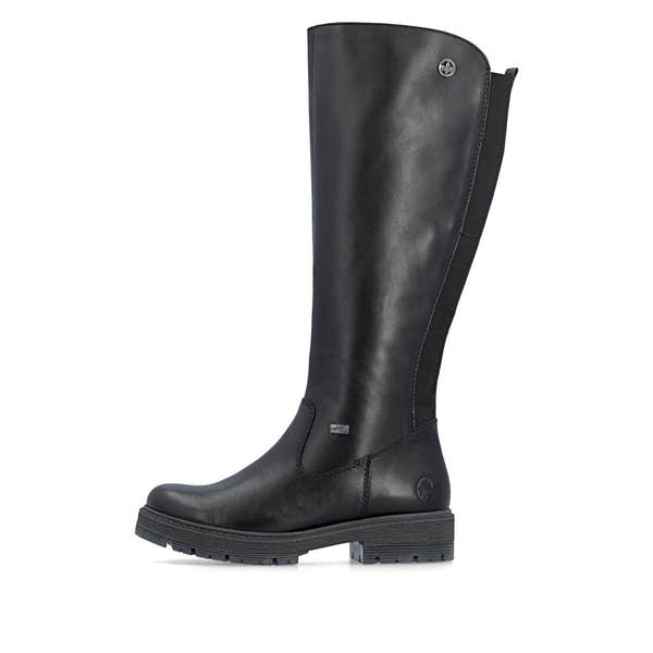 Rieker 75850-00 women's wide black leather water resistant side zip knee high boots, inner side view.