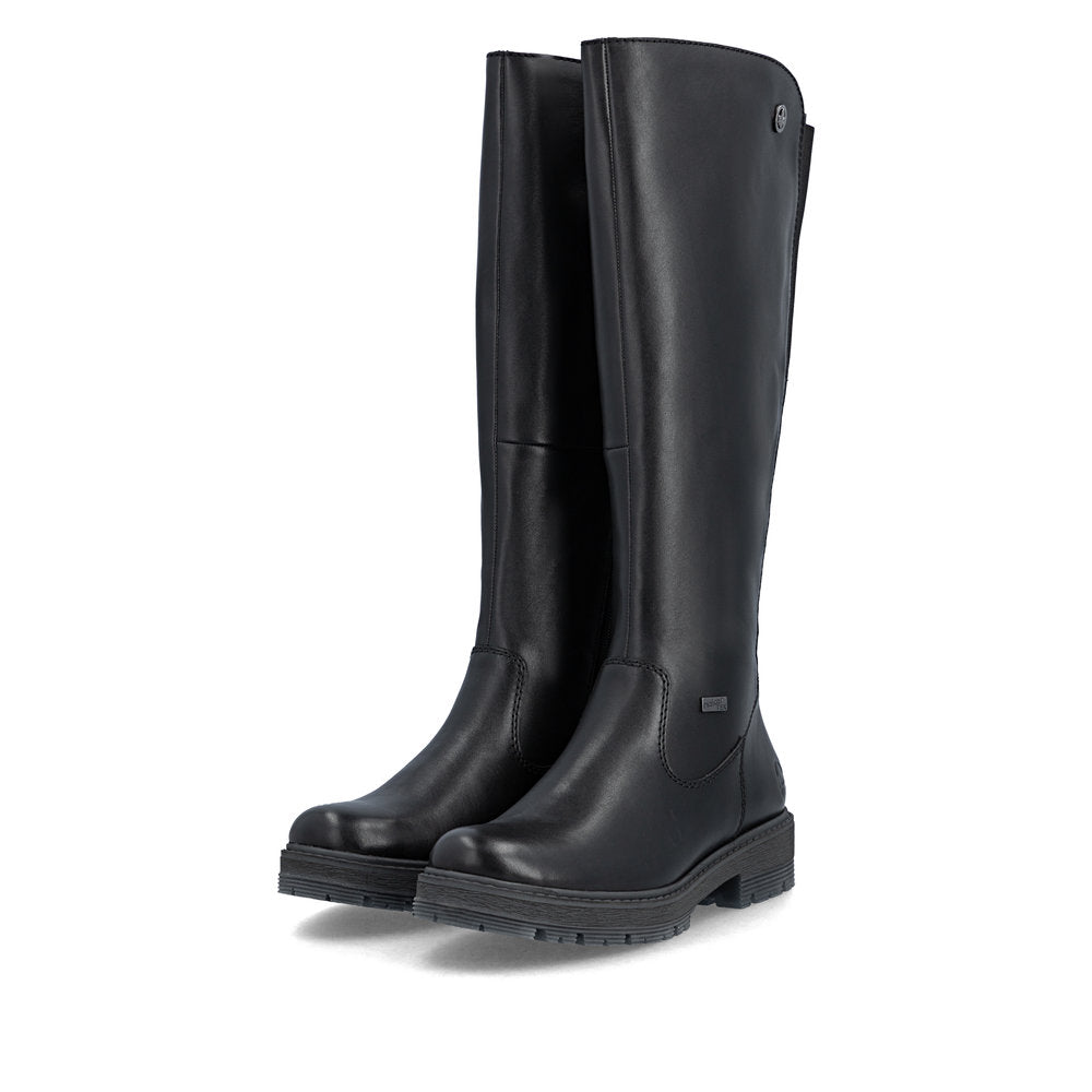Rieker 75850-00 women's wide black leather water resistant side zip knee high boots, paired three-quarter view.