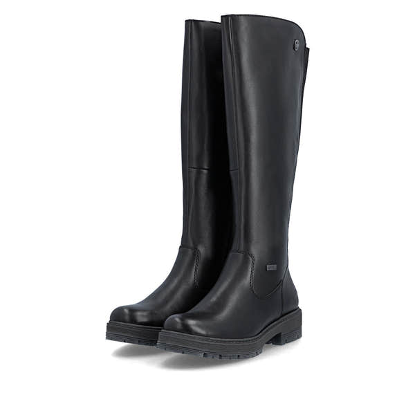 Rieker 75850-00 women's wide black leather water resistant side zip knee high boots, paired three-quarter view.